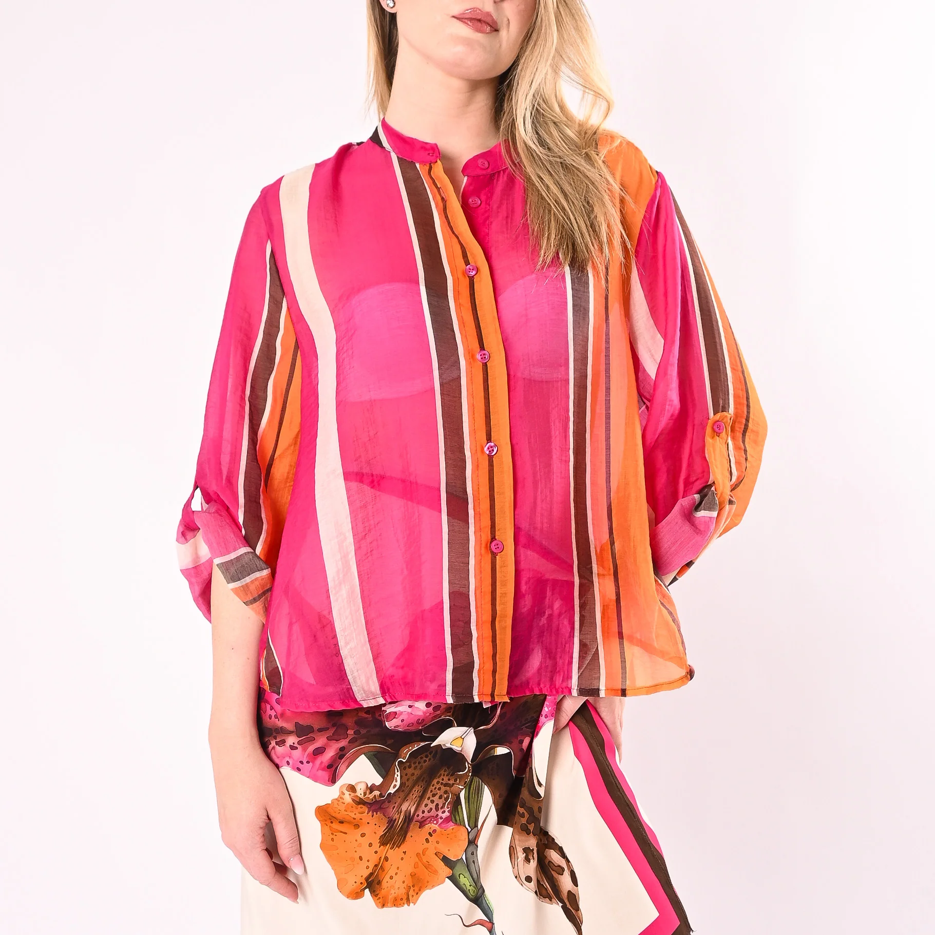 HAVEONE - CAMICIA LYOCELL A RIGHE ART.CVS-Q504/MA - MORO/ARANCIONE
