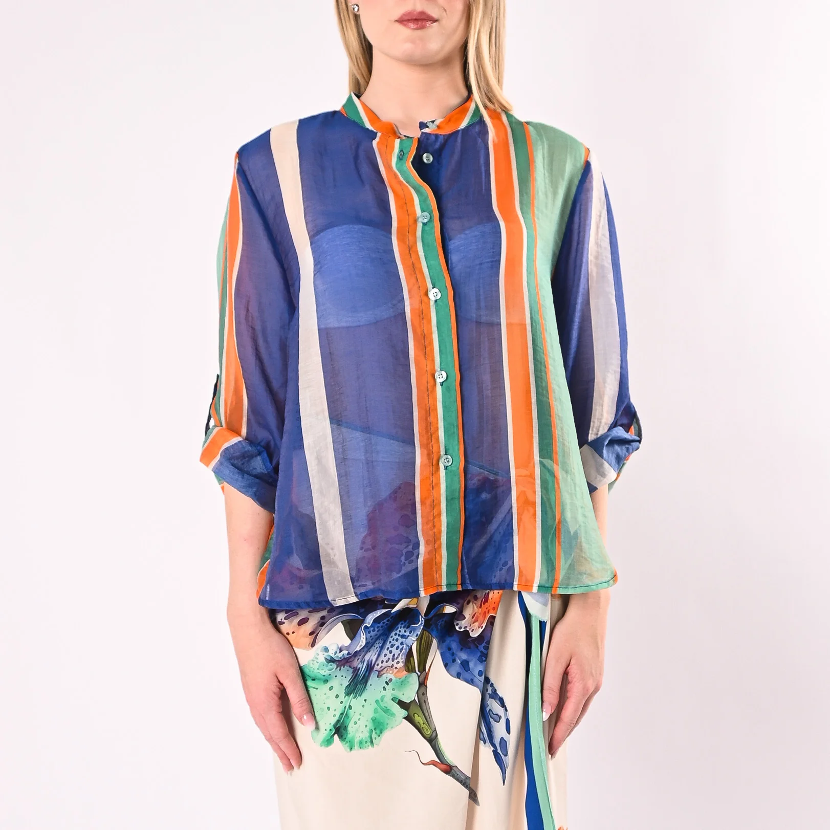 HAVEONE - CAMICIA LYOCELL A RIGHE ART.CVS-Q504/TR - TURCHESE/ROYAL/ARANCIONE - Image 2