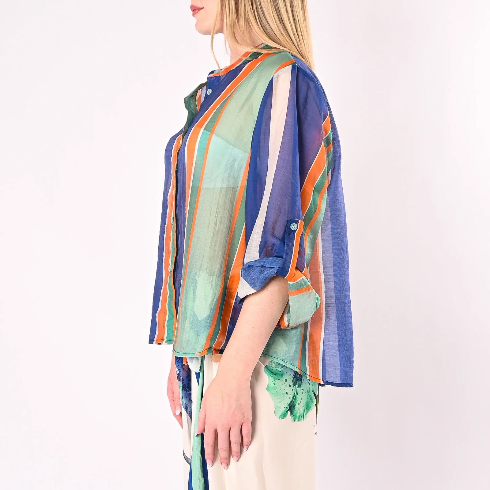 HAVEONE - CAMICIA LYOCELL A RIGHE ART.CVS-Q504/TR - TURCHESE/ROYAL/ARANCIONE - Image 3
