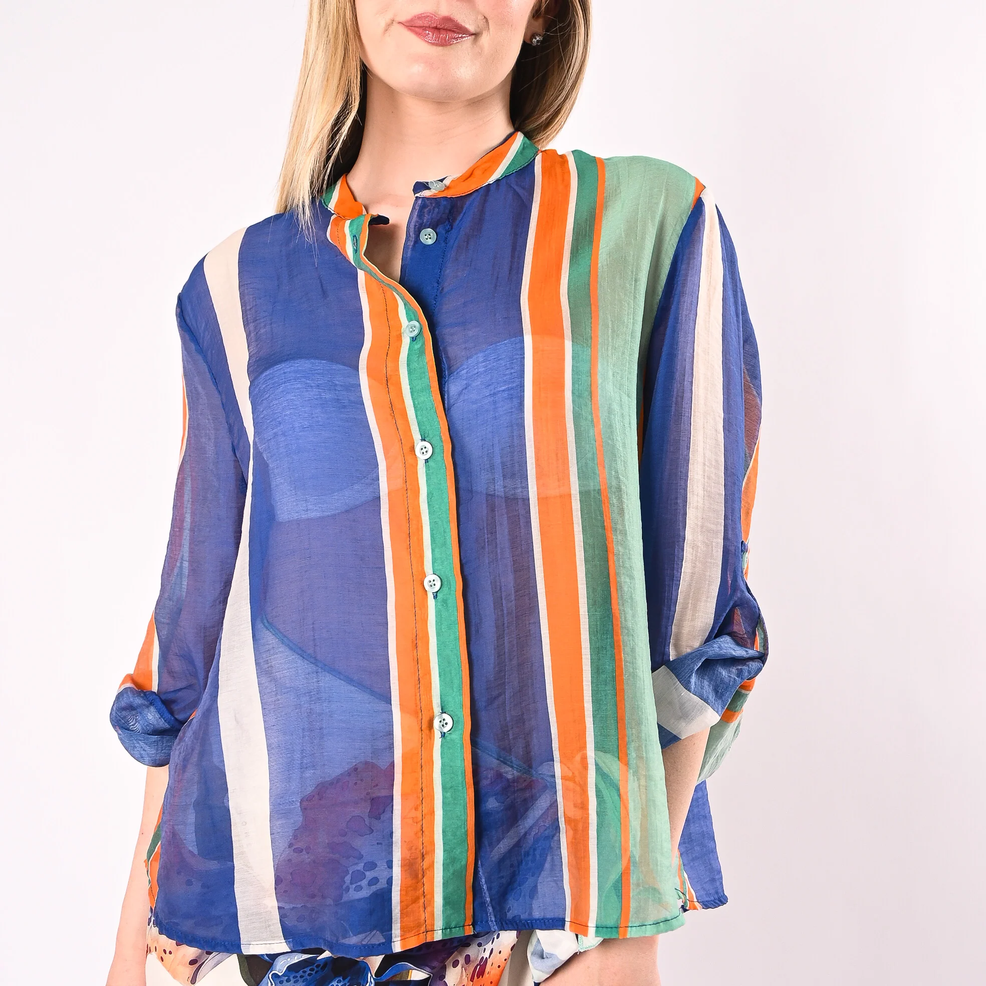 HAVEONE - CAMICIA LYOCELL A RIGHE ART.CVS-Q504/TR - TURCHESE/ROYAL/ARANCIONE - Image 5