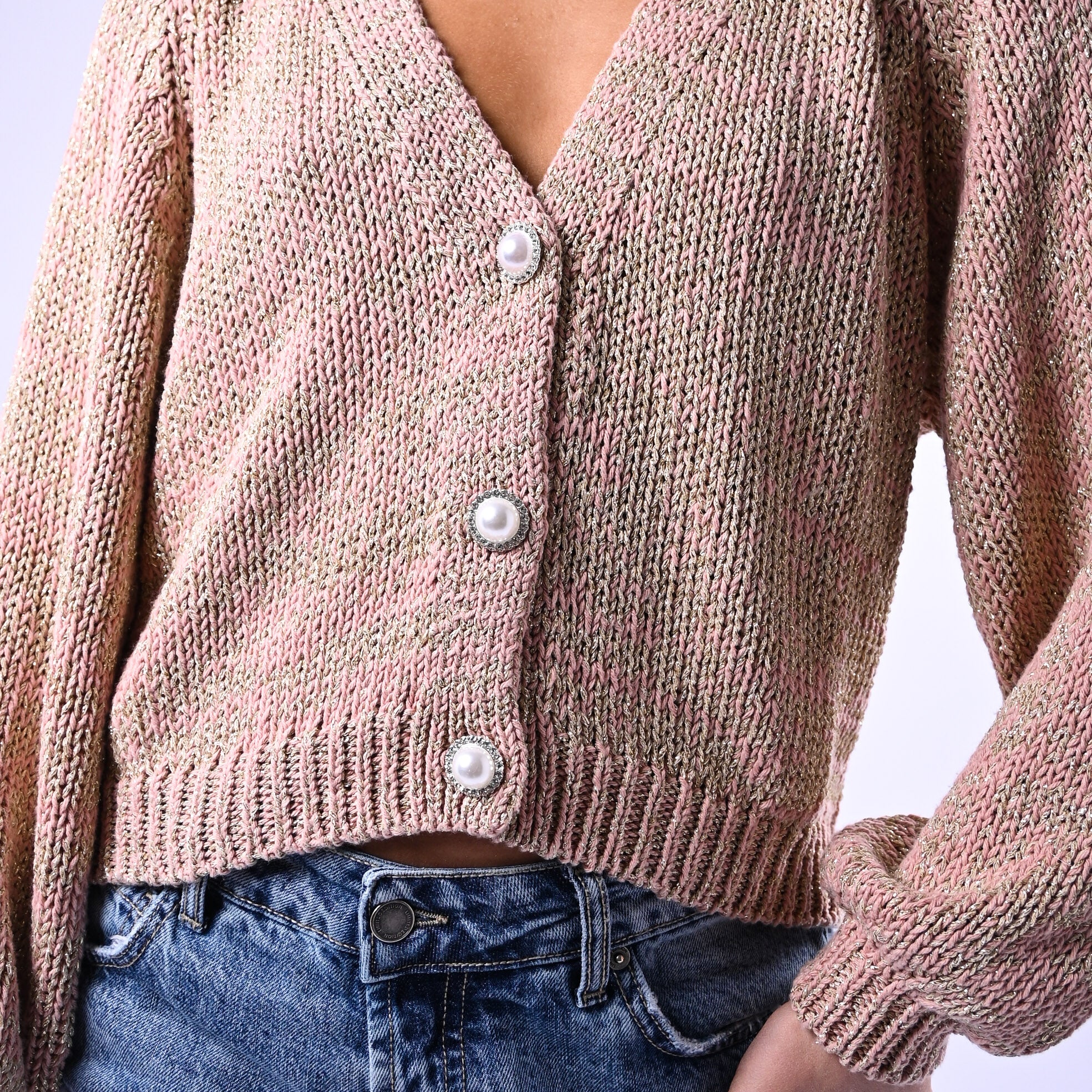 HAVEONE - CARDIGAN LUREX BOTTONE GIOIELLO ART.JIT-Q008 - ROSA - Image 6