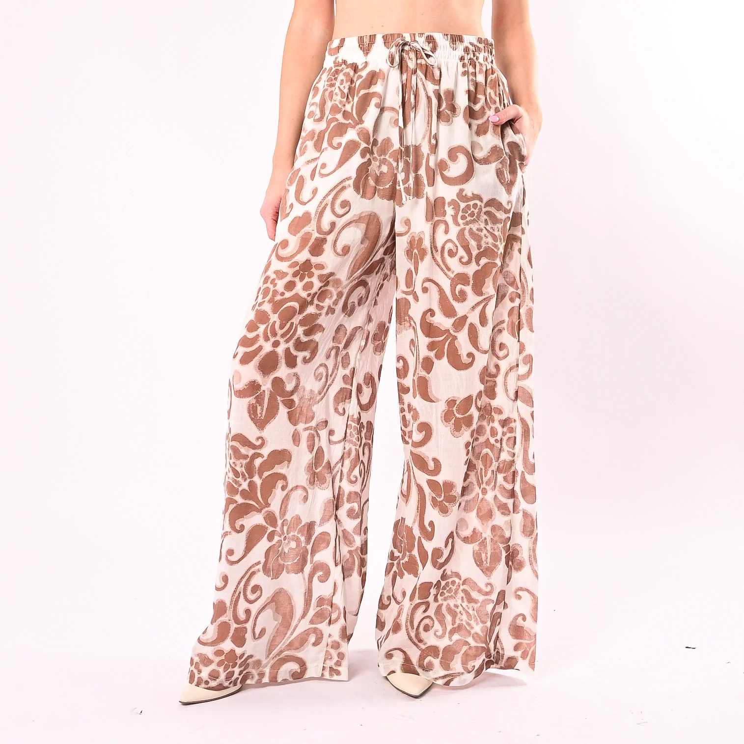 HAVEONE - PANTALONE AMPIO IN MUSSOLA STAMPA DAMASCATA ART.PWG-Q598/PB - PANNA/BRUCIATO
