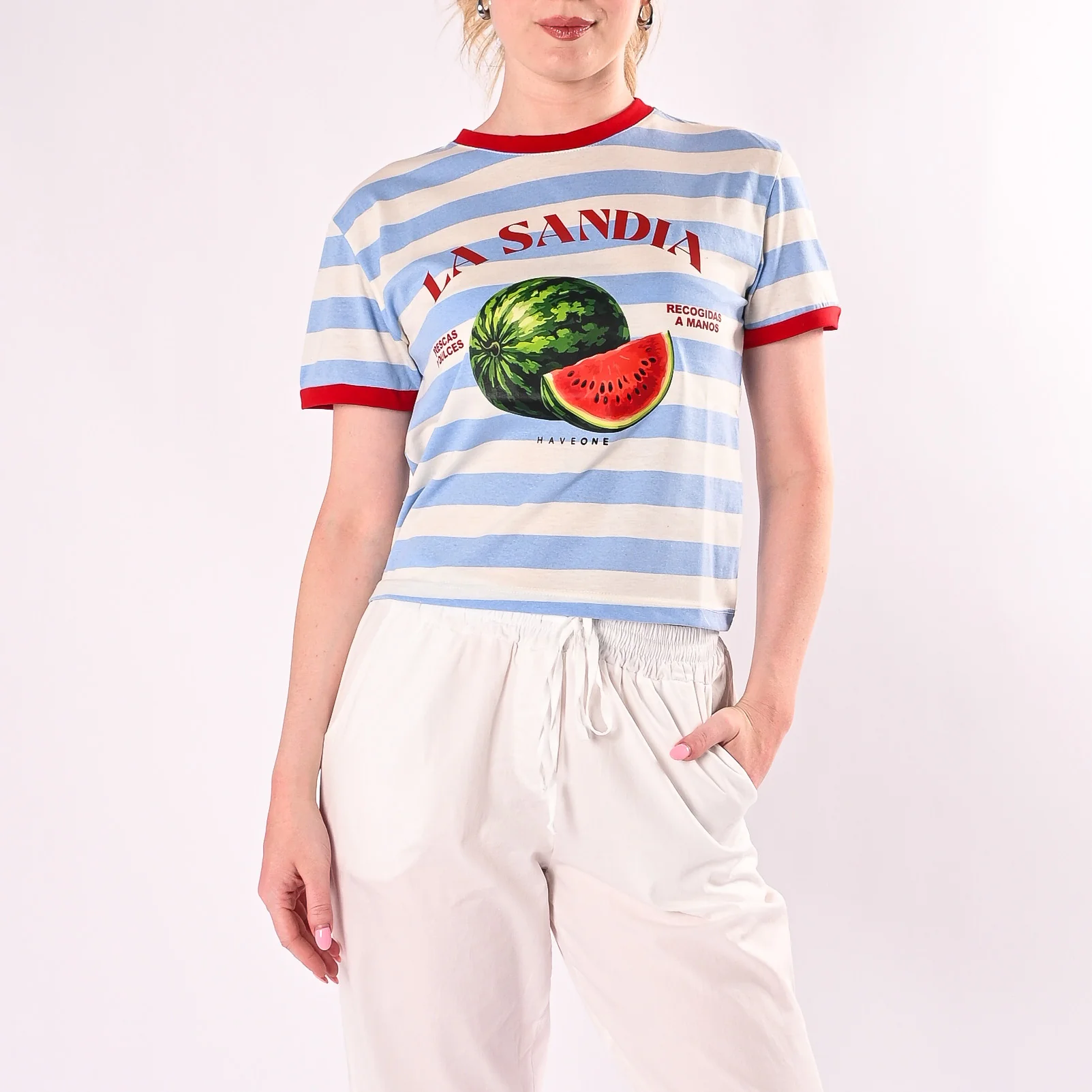 HAVEONE - T-SHIRT A RIGHE LA SANDIA ART. TSH-Q248/LCR - LATTE/CIELO/ROSSO