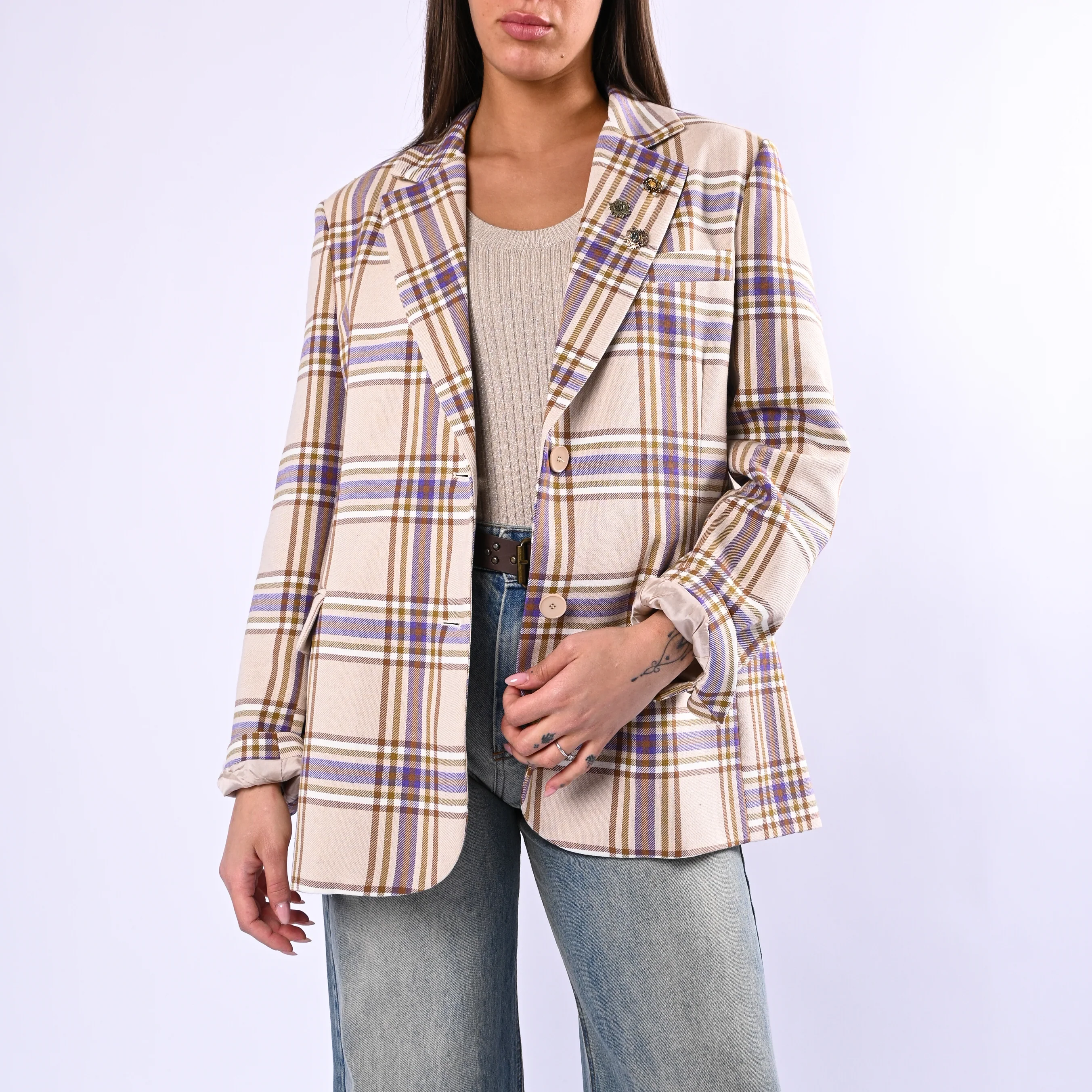 MOTEL - GIACCA OVER A QUADRI CON SPILLE ART.S26J342 - BEIGE/VIOLA/COCCIO