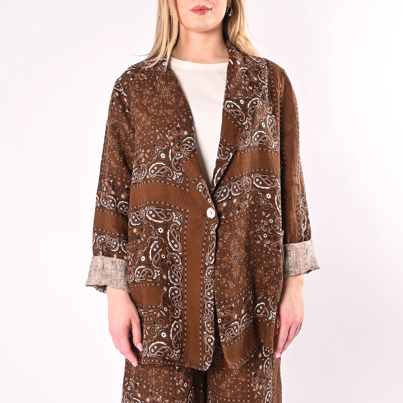 PHILIA LOFT - GIACCA PURO LINO FANTASIA BANDANA ART.R02L1341/M - MORO - Image 3