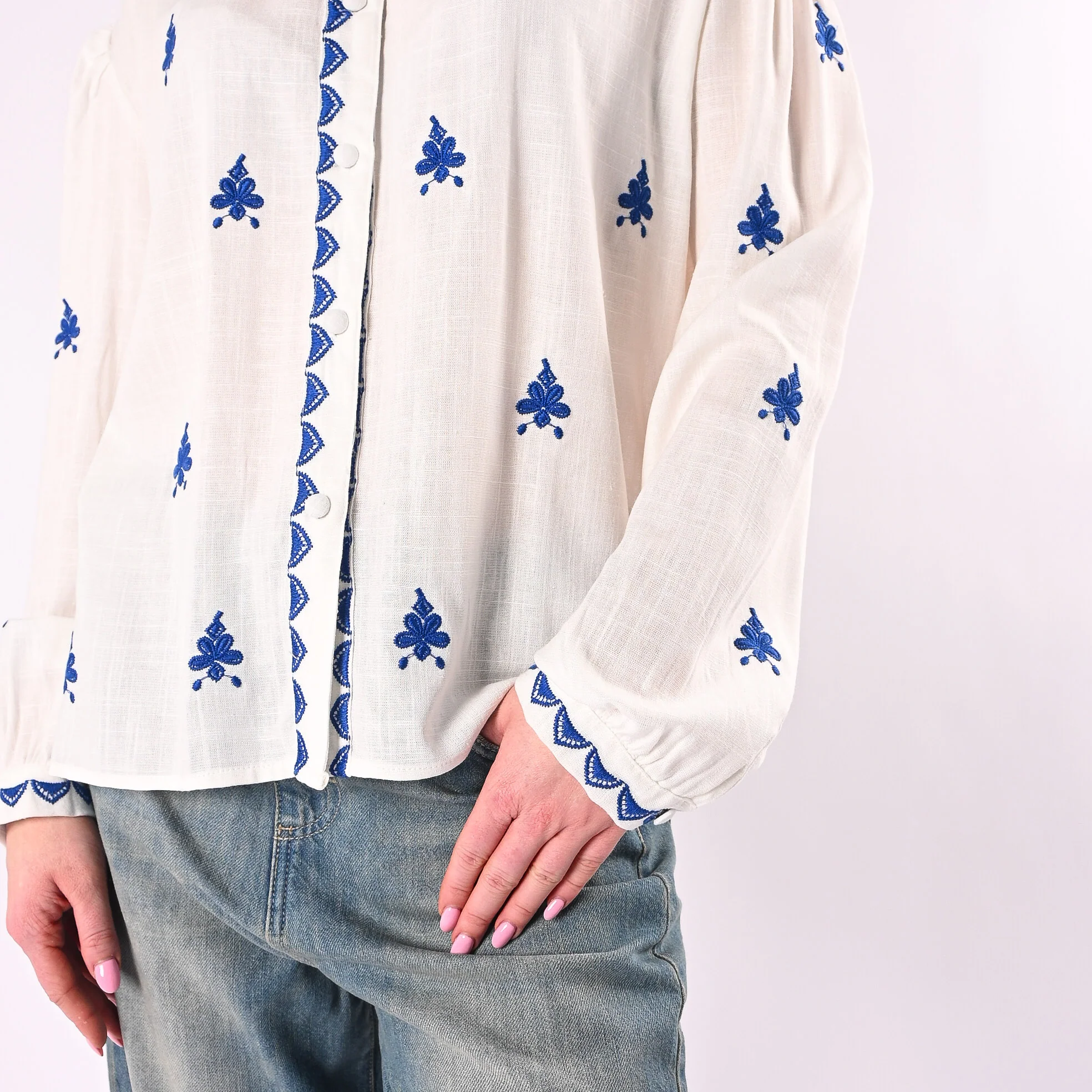SOUVENIR - CAMICIA LINO CON RICAMI ETNICI ART.D39V1798/BR - BIANCO/ROYAL - Image 5