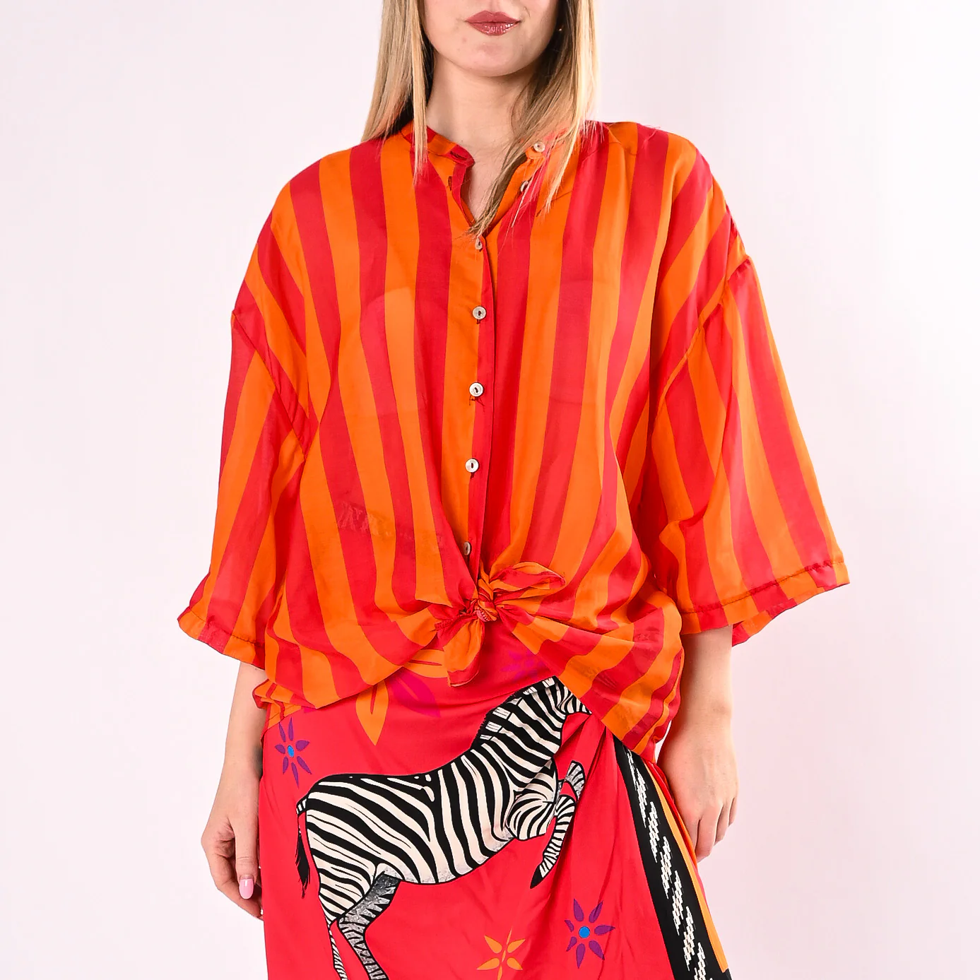TENSIONE IN - CAMICIA RIGA MISTO SETA ART.40021/CA - CORALLO/ARANCIO