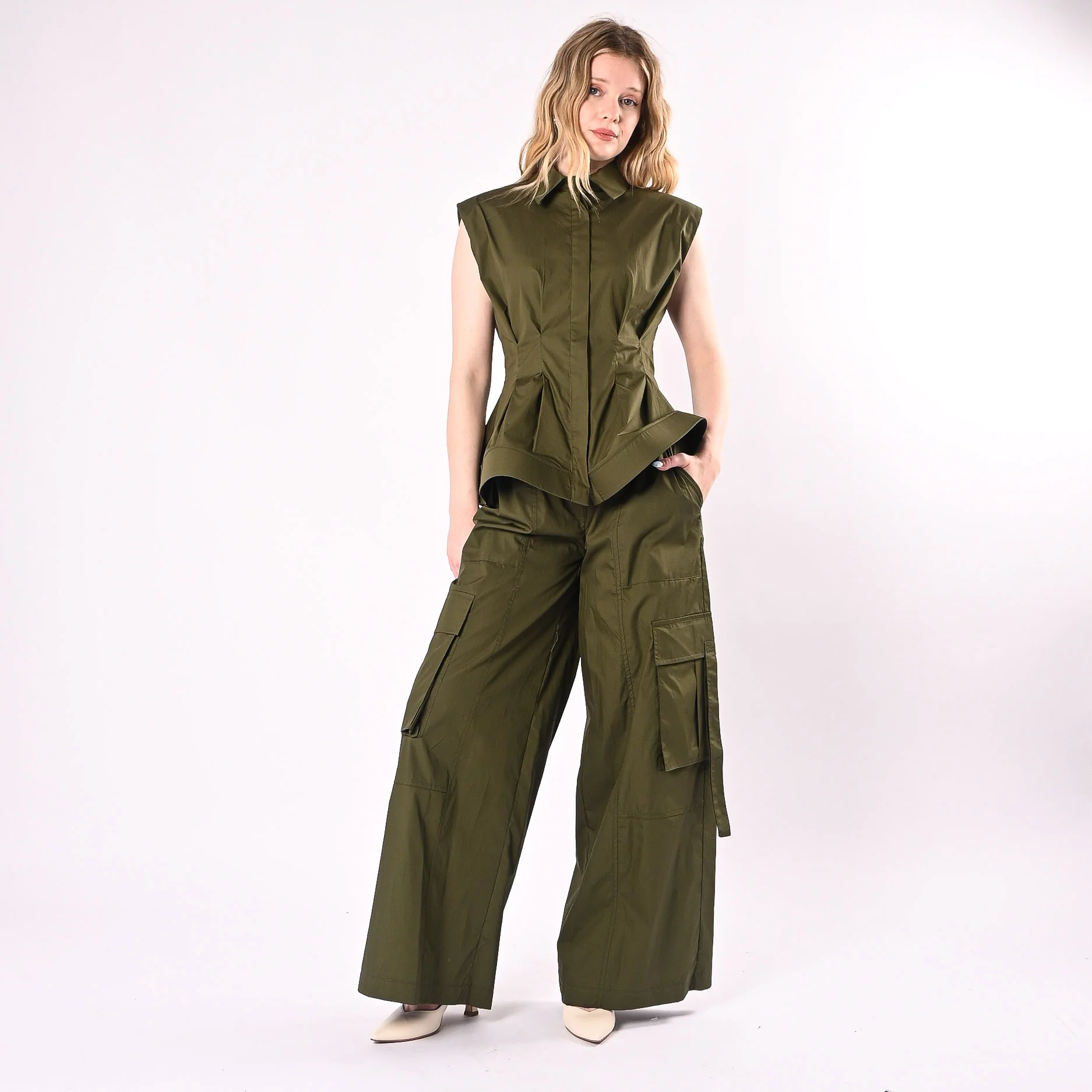 TENSIONE IN - CAMICIA SMANICATA SVASATA IN POPELINE ART.26C5093/M - MILITARE