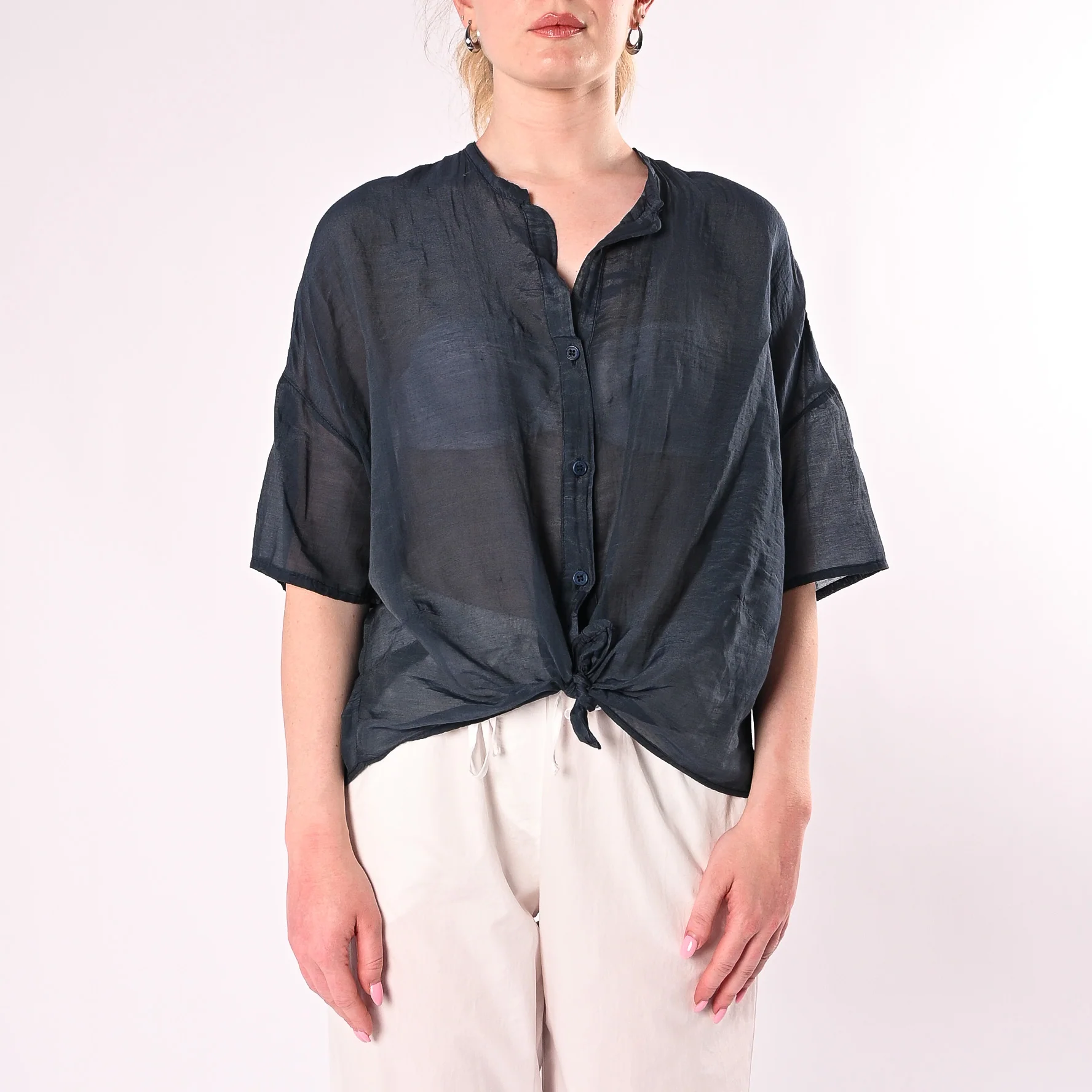 VICOLO - CAMICIA OVER MISTO SETA MANICA CORTA ART. TAB0670/B - BLU - Image 2
