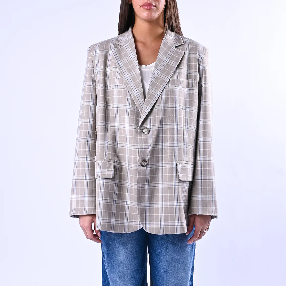 VICOLO - GIACCA SCOZZESE ASSIMETRICA ART.TAB0578 - BEIGE/CELESTE - Image 2