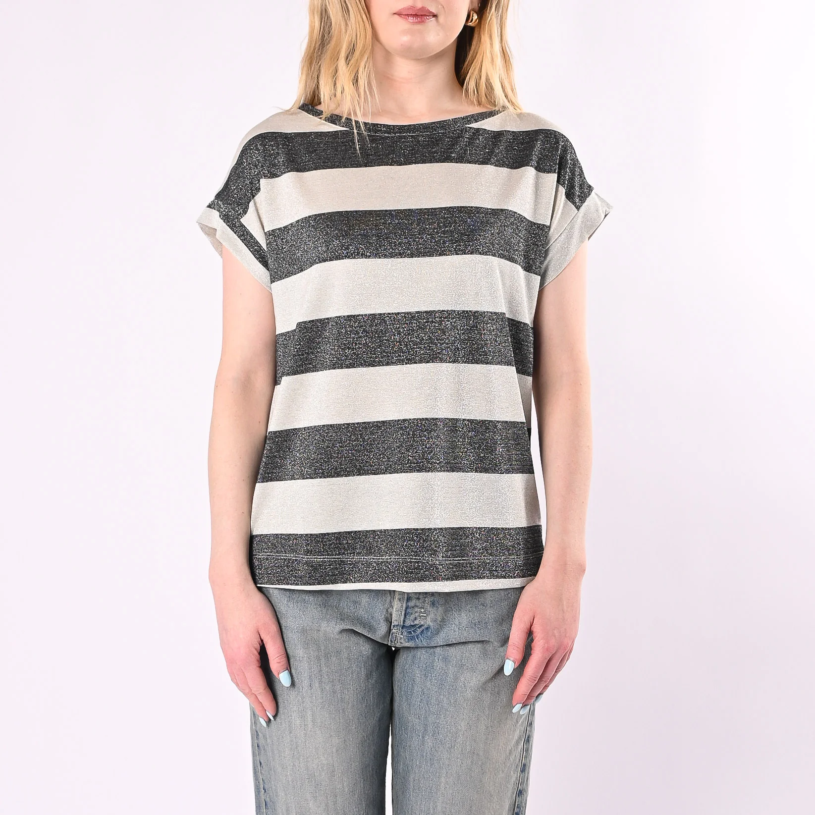 VICOLO - T-SHIRT OVER RIGA LUREX ART. UAB0401/NA - NERO/ARGENTO - Image 2