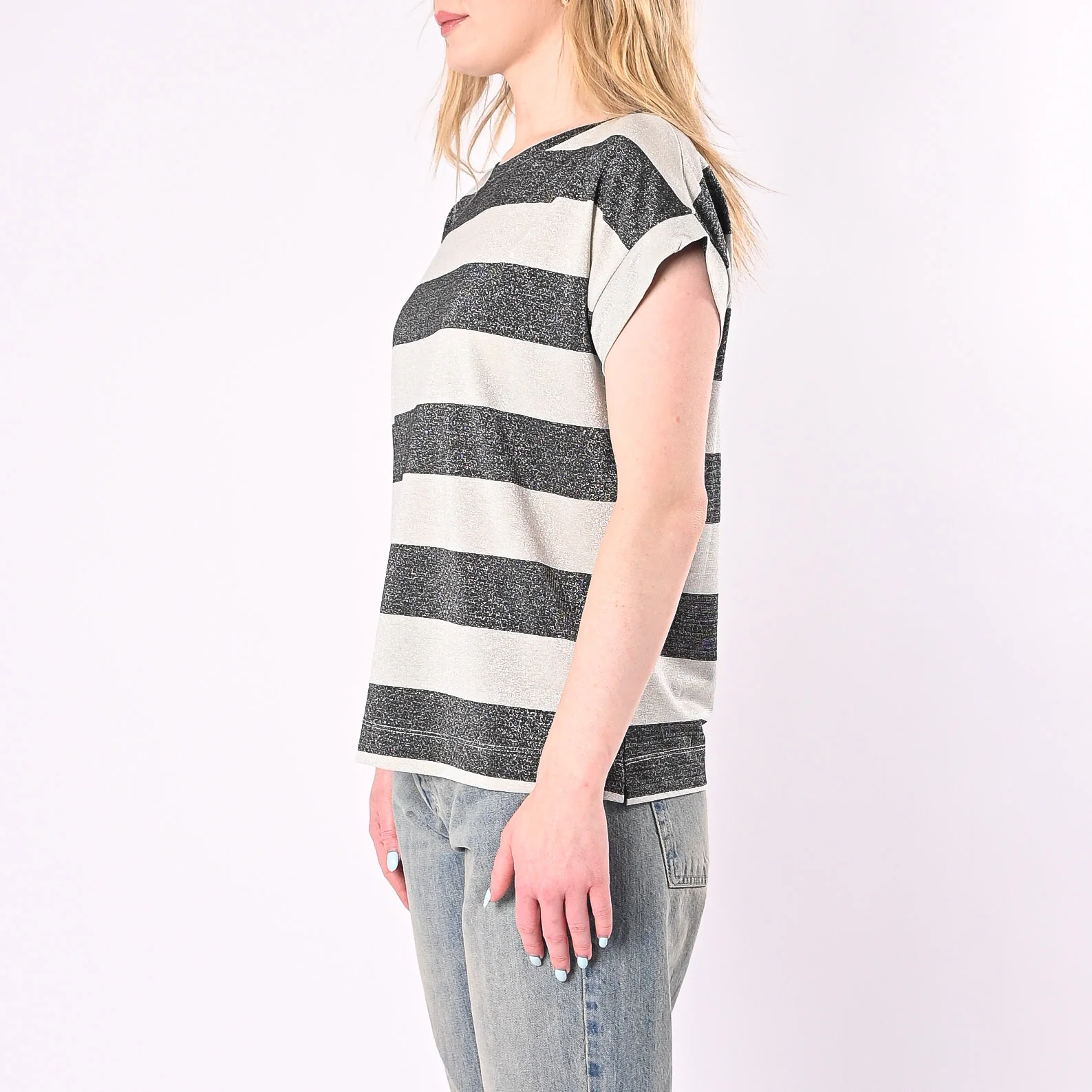 VICOLO - T-SHIRT OVER RIGA LUREX ART. UAB0401/NA - NERO/ARGENTO - Image 3